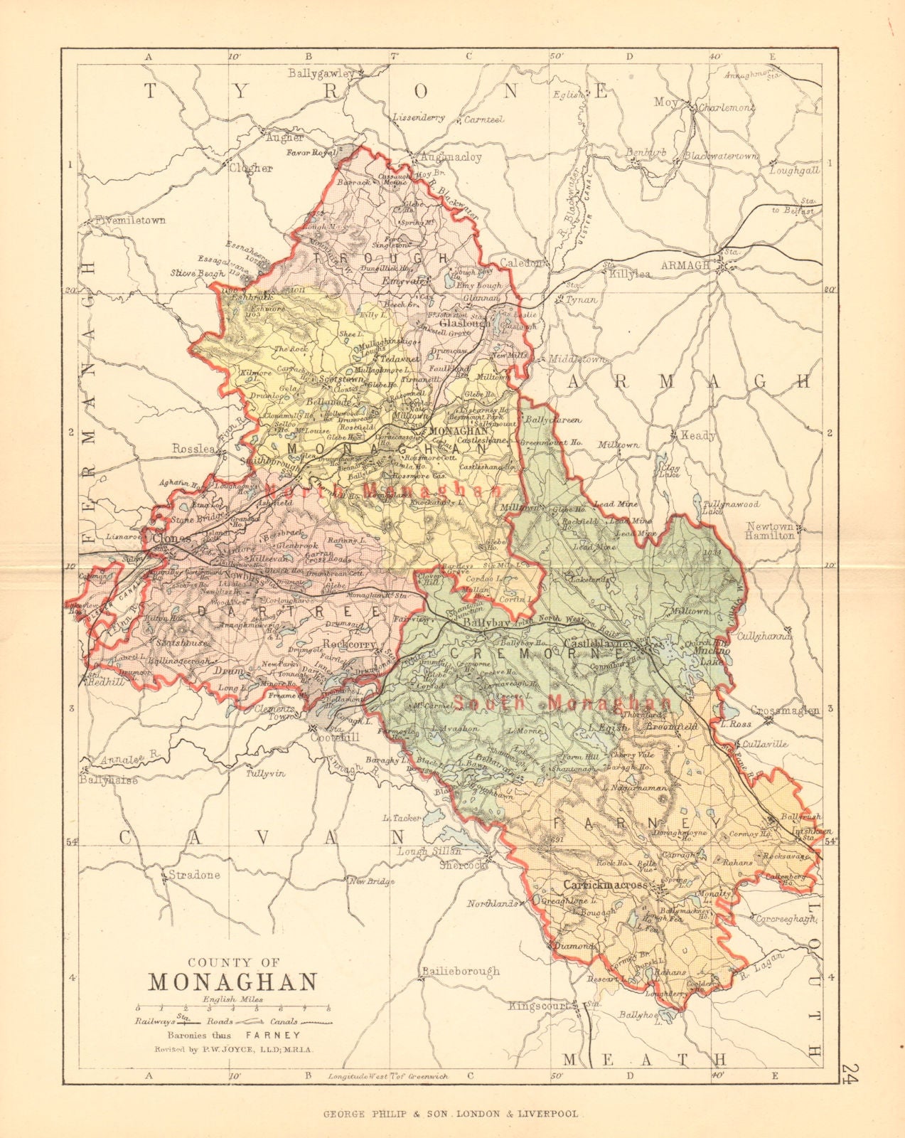 COUNTY MONAGHAN. Antique county map. Ulster. Ireland. BARTHOLOMEW 1886 old